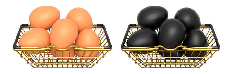 Wire baskets filled with eggs, isolated on white transparent background, concept of kitchen storage.