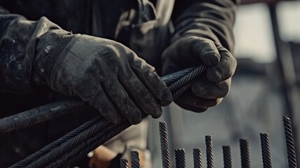 Construction worker installing steel reinforcement at a construction site. Featuring precision and strength