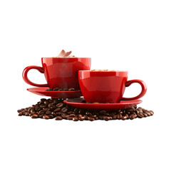 Obraz premium Two red cups of coffee with coffee beans isolated on transparent background PNG 