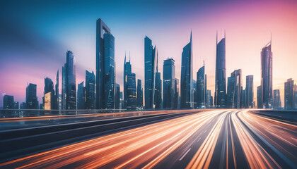 Obraz premium A stunning skyline at dusk, showcasing modern skyscrapers against a vibrant, colorful sky. This image captures the essence of urban architecture and energy.