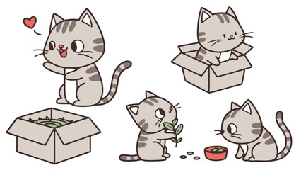 Cute Grey Tabby Cat Cartoon Vector Set Playing And Interacting With Boxes And Food Bowl Illustration © RABBI