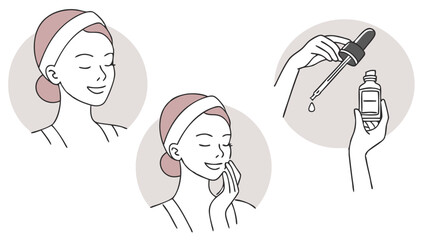 Woman Applying Skincare Serum In Minimalist Illustration Style Daily Routine Beauty Treatment Concept