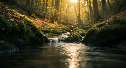 Obraz premium Serene Forest Stream: Mossy Rocks and Golden Sunlight