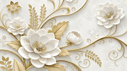 Elegant Modern And Luxury White And Golden 3D Flowers With White Background