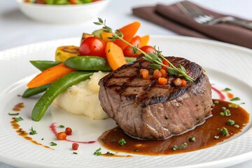 Gourmet Steak Meal with Vegetables and Sauce Professionally Styled, Shallow Depth of Field, and Elegant Presentation on Pristine White Plate