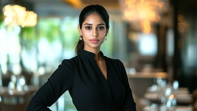A passionate Indian event coordinator, elegantly dressed, stands in a chic restaurant’s private hall, ensuring that the dining tables are arranged beautifully