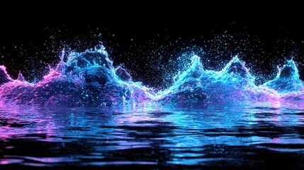 Fototapeta premium Bright waves are splashing in colorful hues of blue and pink at night. The water reflects the vibrant colors, creating a mesmerizing and dynamic display