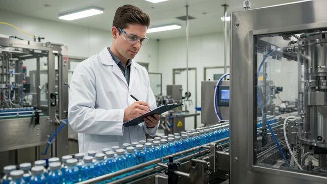 Male pharmaceutical pharmacist scientist inspecting vials on production line inside sterile laboratory, ideal for illustrating medicine manufacturing, quality control, and biotech processes.