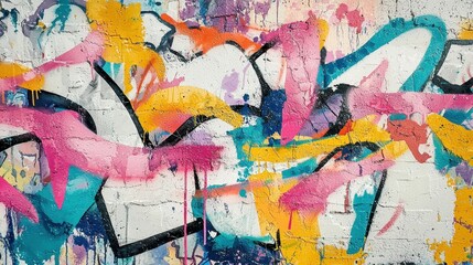 Fototapeta premium Vibrant graffiti art covers a brick wall with an array of abstract shapes and bold colors that create a striking visual impact in an urban environment during the day