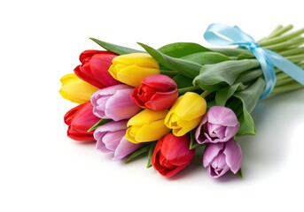 Obraz premium Colorful tulip bouquet with red yellow and purple flowers tied with blue ribbon isolated on white background in bright floral style spring celebration concept