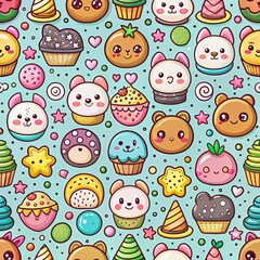 Cute cartoon cupcakes and animal characters pattern
