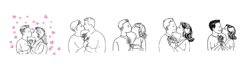 Kissing Couple Line Art Illustrations Set