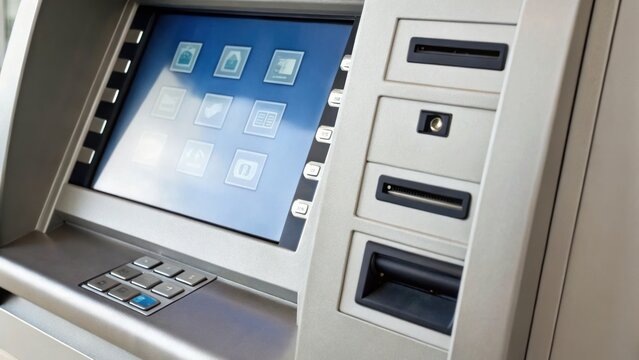 Fintech Innovation Banking concept, Automated teller machine with a digital interface and card slot.