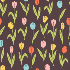 Gentle seamless pattern with tulip flowers. Cute minimalist print. Printing on textiles, wallpaper, wrapping paper. Vector illustration in flat style