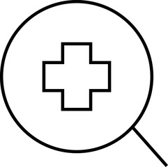 Magnifying glass icon focused on a medical cross, symbolizing medical research, diagnosis, or healthcare search – Transparent Background.