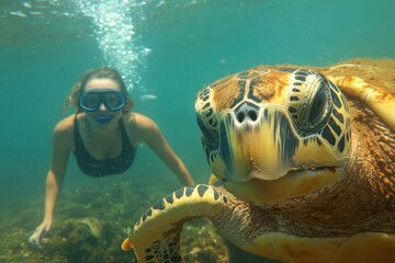 Obraz premium Swimming with a hawksbill sea turtle in clear tropical waters during a sunny day, Swimming with Hawksbill Sea Turtle (Eretmochelys imbricata), underwater shot