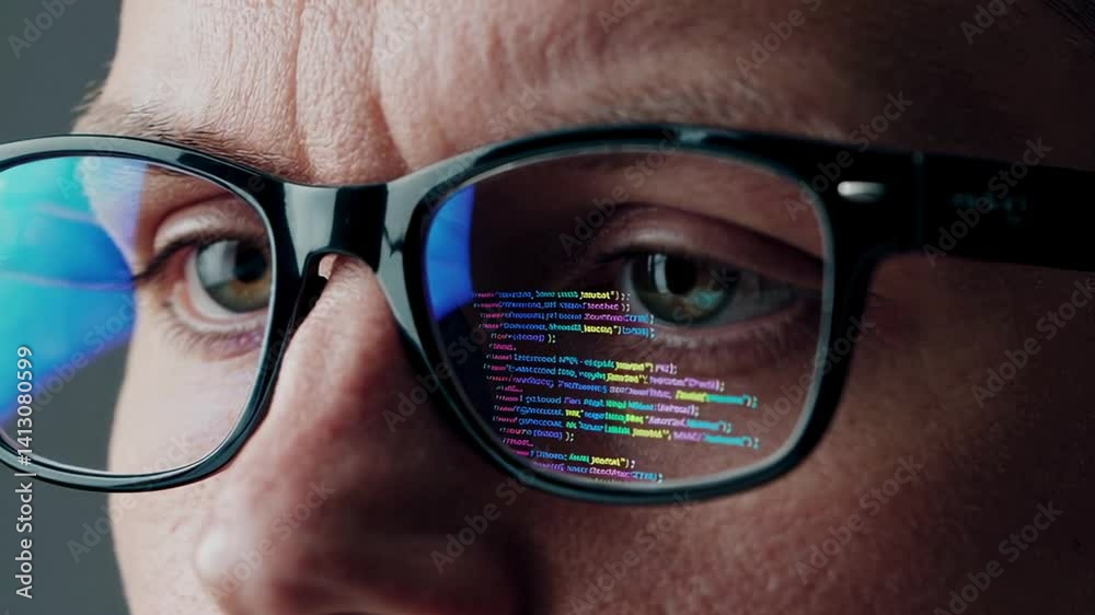 Aufkleber Computer programmer wearing glasses reflecting lines of code while working intently on complex software development project, representing digital innovation and technological expertise