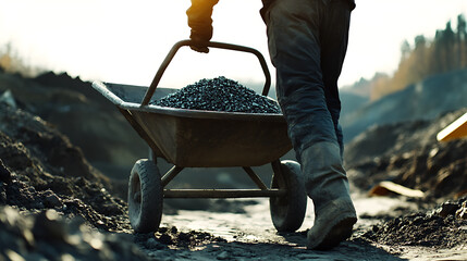 Mining laborer hauling iron ore with a wheelbarrow at a mining site. Featuring ore transport and manual labor