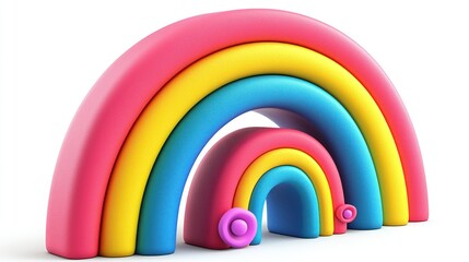 Obraz premium Playful Rainbow Arch: A vibrant 3D render of interlocking rainbow arches, featuring pastel colors and playful flower accents, ideal for children's illustration or design.