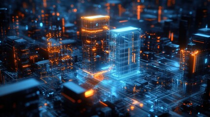 Fototapeta premium Futuristic city built on a circuit board. Illuminated structures amidst intricate network