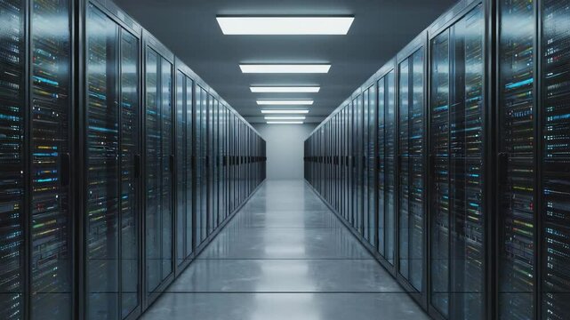 A long aisle of server racks in a data center