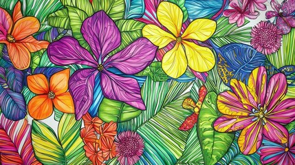 An array of vividly colored flowers and green leaves creates an engaging composition, showcasing artistic details and lively hues in a bright design