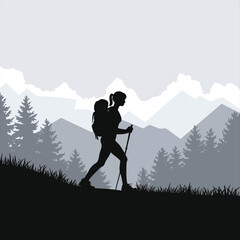 Silhouetted Woman Hiking in Mountains/A strong, serene silhouette of a woman hiking in a mountain landscape.