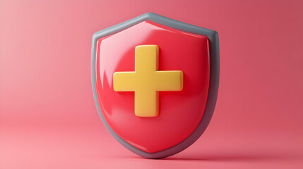 Obraz premium Red Shield with Gold Cross Depicts Healthcare Safety and Protection on Pink Background in 3D Rendered Illustration
