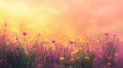 A breathtaking field filled with colorful wildflowers sways gently in the breeze as a warm sunset casts a golden hue over the serene landscape, creating a peaceful atmosphere