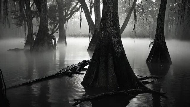 Eerie alligator lurking in swamp landscape with fog and dark water ambiance