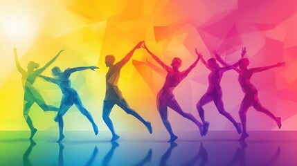Naklejka premium Colorful Abstract Dancing Figures with Rainbow Gradient, Unity Theme, Joyful Motion, Minimalist Style