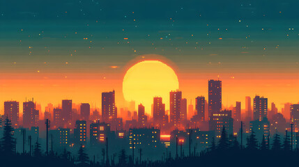 Fototapeta premium Retro Pixel Art Cityscape at Sunset Featuring Orange Skyline and Dark Silhouette Buildings in the Evening