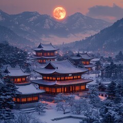 Obraz premium Winter Serenity: Traditional Asian Architecture Under the Glow of a Full Moon