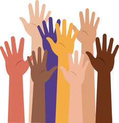 diverse raised hands showing unity and empowerment, flat vector