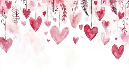 A display of various red hearts hangs gracefully from leafy branches against a soft white background, creating a romantic setting ideal for love-themed events or decor