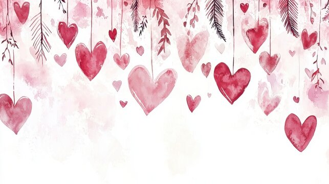 A display of various red hearts hangs gracefully from leafy branches against a soft white background, creating a romantic setting ideal for love-themed events or decor
