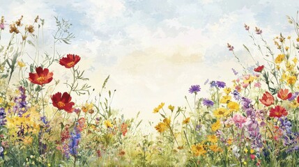 Fototapeta premium A picturesque meadow brimming with diverse wildflowers in various colors, illuminated by soft sunlight. The sky is clear with gentle clouds, enhancing the natural beauty