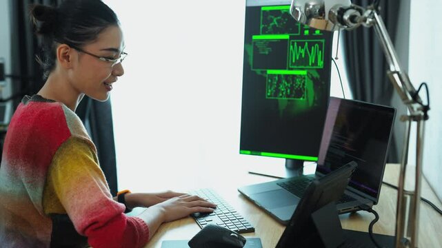 Hands Coding on Laptop CLOSE UP. Woman using portable computers. Woman programmer writes code