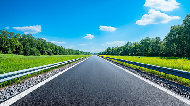 A clean roadway framed by countryside on both sides offers a peaceful drive. Concept of clarity, journey, and forward movement.