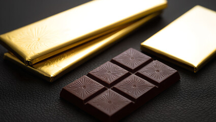 Luxury dark chocolate with embossed design and gold foil packaging on black background for premium dessert branding, advertising materials, gourmet blogs, and chocolate packaging mockups