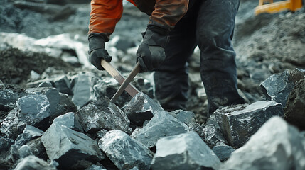 Mining laborer using a crowbar to break rocks at an excavation site. Featuring manual labor and rock breaking