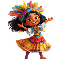 Vibrant Portrait of Cheerful Cartoon Girl with Feathered Headdress on Black