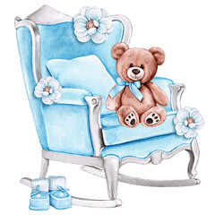 Blue Armchair with Teddy Bear and Flowers Illustration 