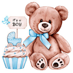 Watercolor Teddy Bear with Cupcake and It&rsquo;s a Boy Sign
