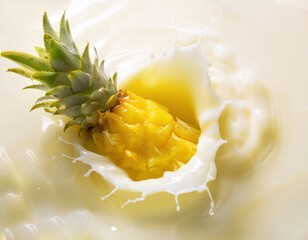 Pineapple splashing into creamy milk for a refreshing tropical taste sensation
