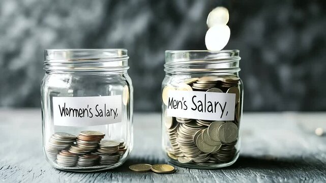 A visually compelling image of two glass jars labeled Men's Salary and Women's Salary, with the man&rsquo;s jar nearly full while the woman&rsquo;s jar contains only a few scattered coins