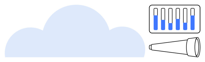 Cloud shape with data bars in screen panel and magnifying glass. Ideal for tech innovation, data analytics, cloud services, research, technology strategy, digital tools, simple landing page