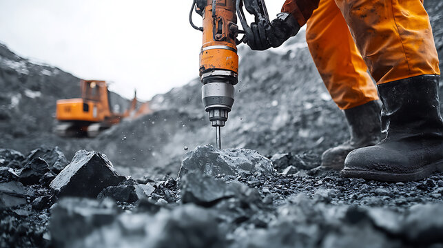 Mining laborer using a pneumatic drill to break rocks at a site. Featuring rock breaking and drilling