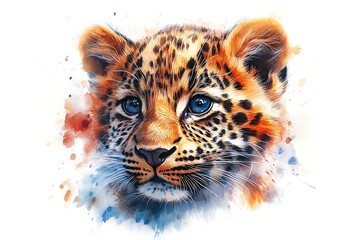 Obraz premium Adorable leopard cub portrait, rendered in artistic watercolor style.