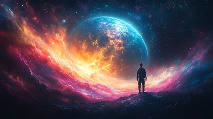 Fototapeta premium A solitary figure gazes at a vibrant, otherworldly planet.